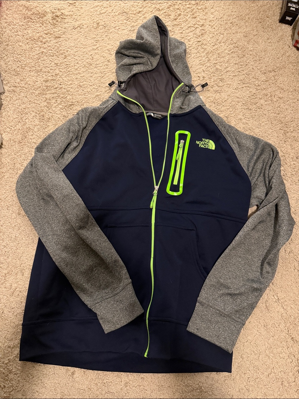 The North Face Navy Hoodie with Gray Sleeves and Lime Accents
